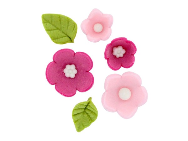 Zuckerdekor Blumen & Blätter rosa 16 Stk