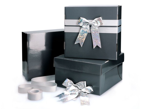 Tortenkarton 36 x 36 x 15cm - Graphit - 3er Set mit Schleifenset Silber